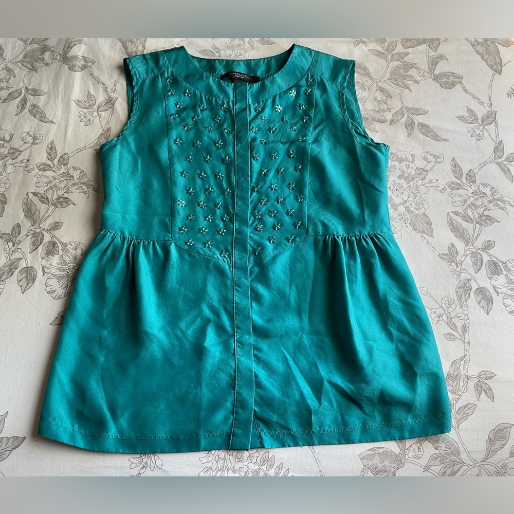 MaxMara Silk Beaded Floral Turquoise Sleeveless Blouse Top XS Chic Office Work